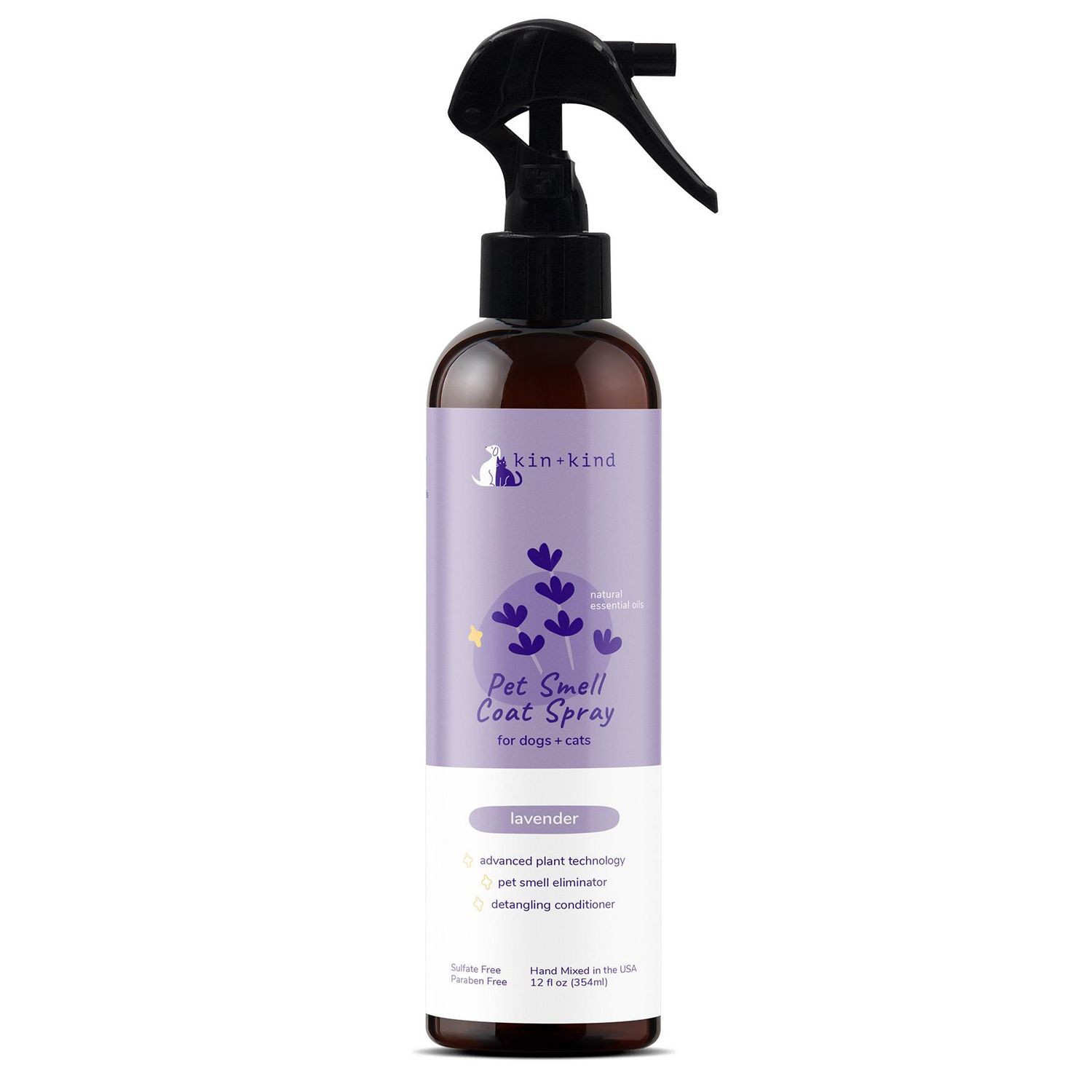 Kin + Kind - Natural Coat Spray for Dog &amp; Cat Smells 12 oz, Fragrance: Lavender Calm