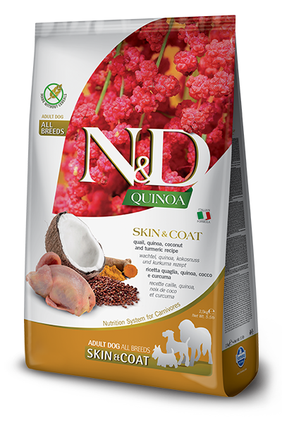 Farmina - N&amp;D QUINOA Skin &amp; Coat Quail , Quinoa, Coconut &amp; Turmeric Recipe  MED/MAXI Dry Dog Food