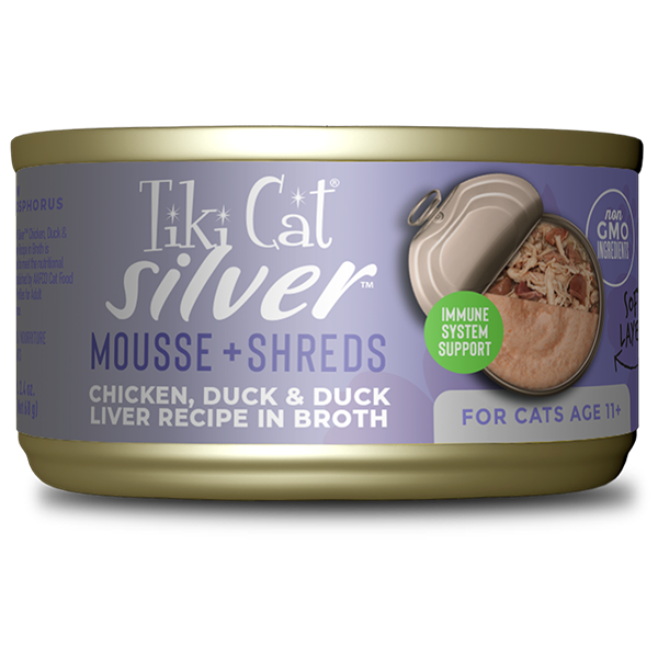 Tiki Cat - Silver Mousse + Shreds Chicken, Duck &amp; Duck Liver  Wet Cat Food, 2.4-oz/ Single Can