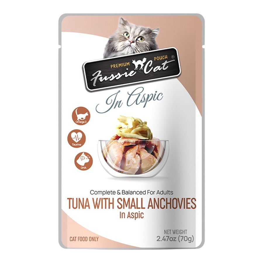 Fussie Cat (Case Pack) - Tuna with Small Anchovies in Aspic Wet Cat 2.47 oz. Pouch / Box of 12