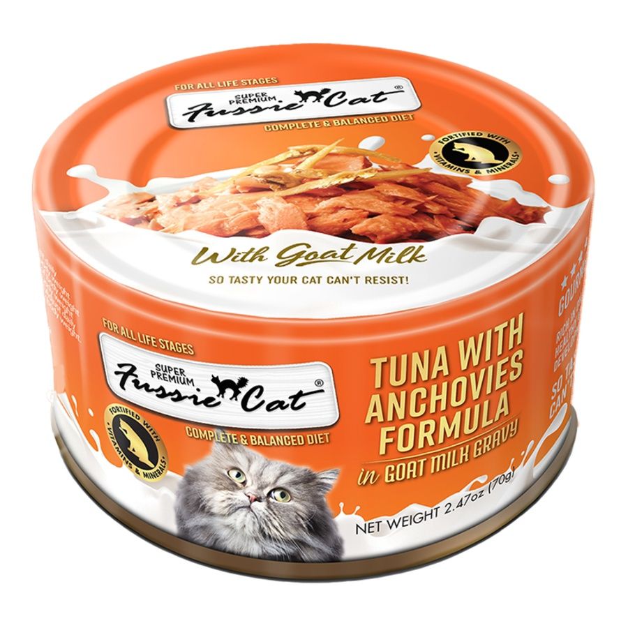 Fussie Cat (Case Pack) - Tuna with Anchovies in Goats Milk Gravy Wet Cat Food 2.47 oz / Case of 24