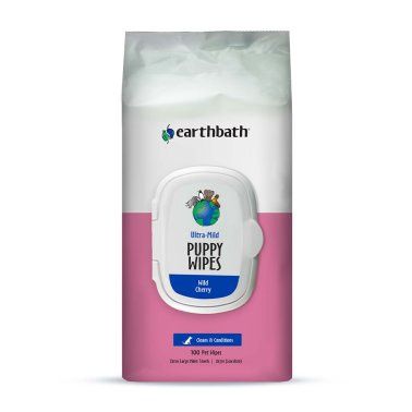Earthbath - Ultra-Mild Puppy Wipes, Wild Cherry, Cleans &amp; Conditions, 100 ct plant-based wipes in re-sealable pouch
