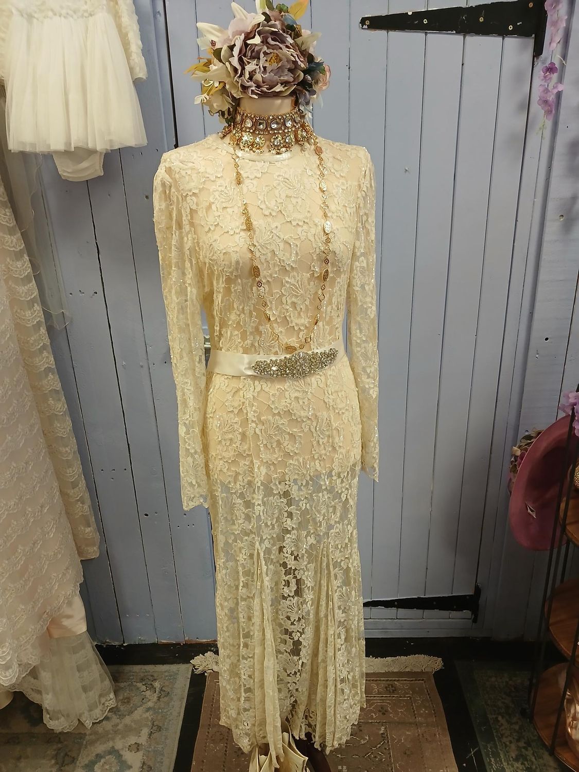 Vintage 1980s Cream Sheer Lace Dress