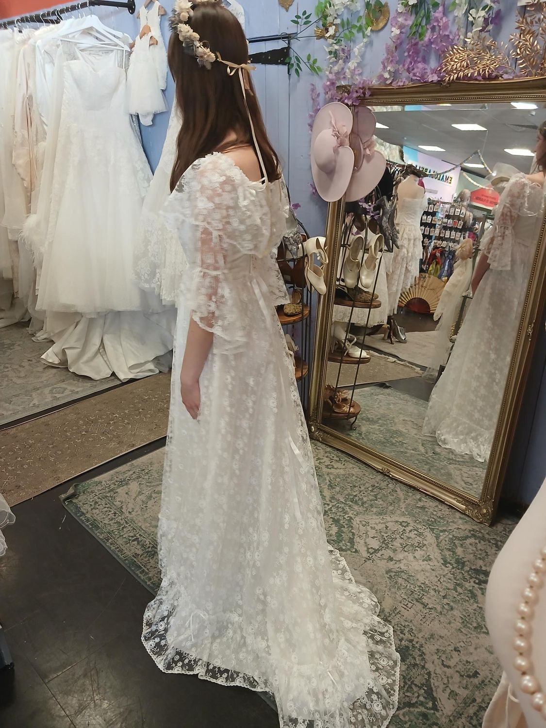 Vintage 1970s Lace Off-Shoulder Dress