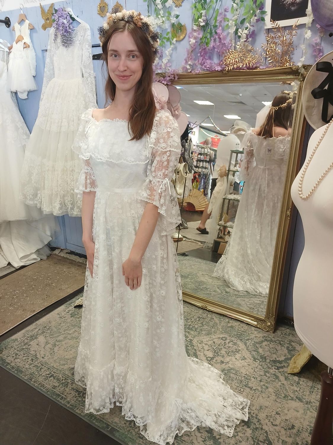 Vintage 1970s Lace Off-Shoulder Dress