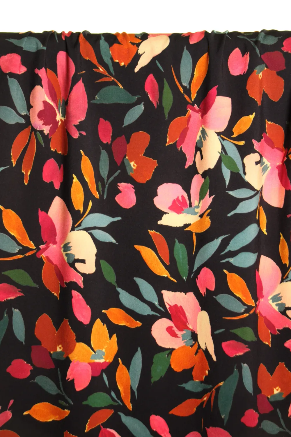 Zwarte viscose met kleurrijke bloemen
