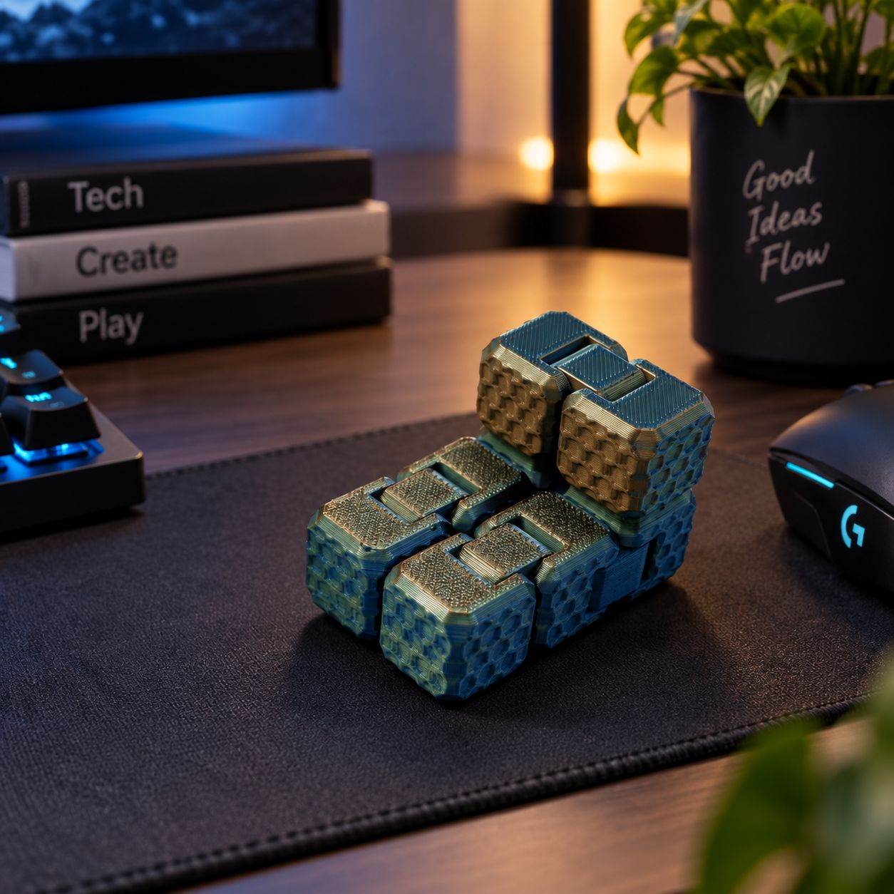 Fidget Cube kostka sensoryczna  – niebiesko-złota