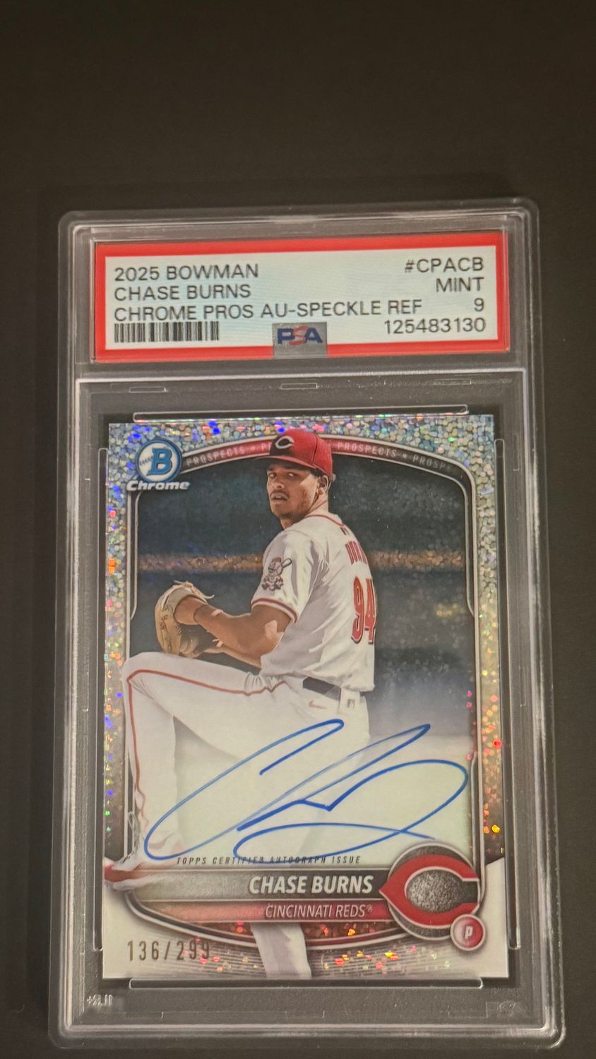 PSA 9 2025 Bowman Chrome Chase Burns Rookie Auto Speckle Refractor #/299