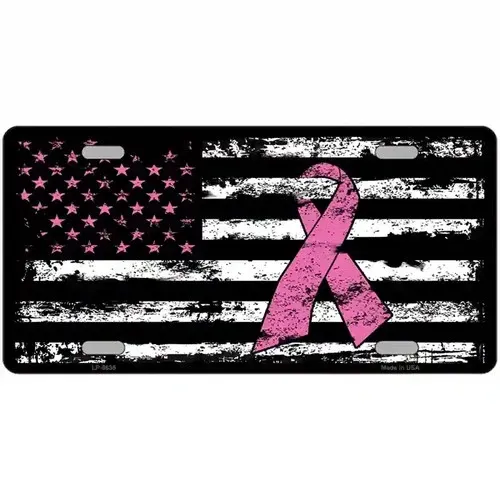 Vintage American Flag Pink Ribbon Novelty Metal License Plate