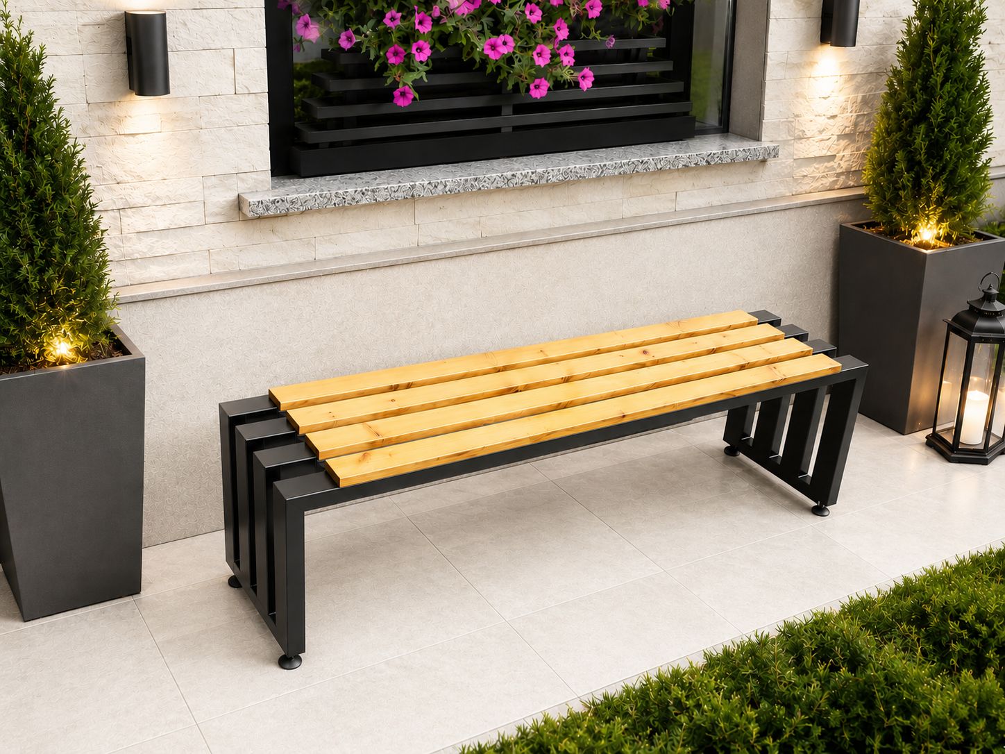 Ławka Ogrodowa Lamelia Classic Loft 140 cm | Modrzew | Stal Malowana Proszkowo | Nowoczesny Design