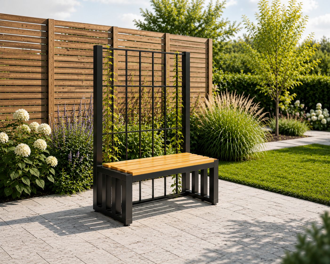 Ławka ogrodowa z Pergolą Lamelia Classic 140x180 | Stal malowana proszkowo | Modrzew | Nowoczesny design