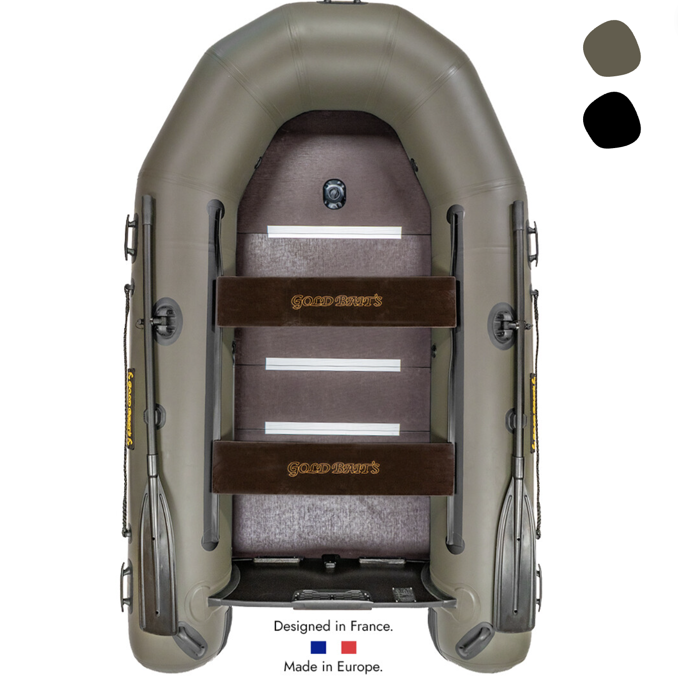 Bateau pneumatique 450 Pro Fisher 2.0 | Gold Baits, Épaisseur / couleur toile: Toile finlandaise &quot;kaki&quot; de 0,95 mm, Type de plancher: Plancher bois marin
