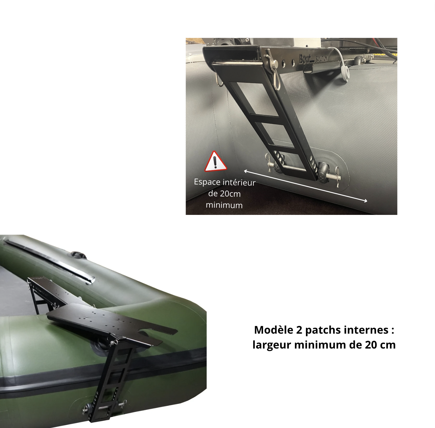 Support moteur avant en inox pour bateau pneumatique, Modèle: Modèle 2 patchs internes : largeur minimum de 20 cm