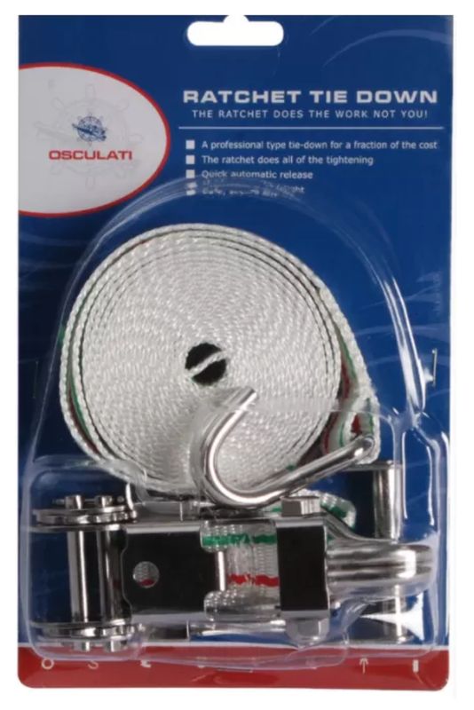 Sangle d’arrimage polyester à cliquet et crochet en inox
