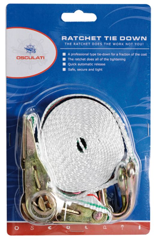 Sangle d’arrimage polyester avec cliquet et crochets galvanisés