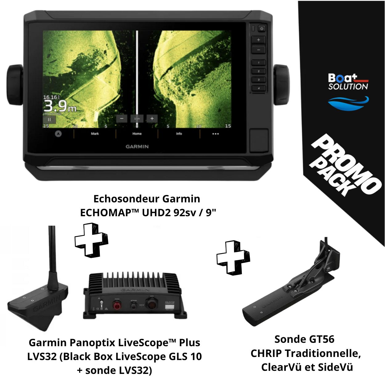 Pack Echosondeur Garmin ECHOMAP™ UHD2 92sv / 9&quot; + Sonde GT 56 +  Panoptix LiveScope™ Plus LVS32 (Black Box LiveScope GLS 10 + sonde LVS32) +