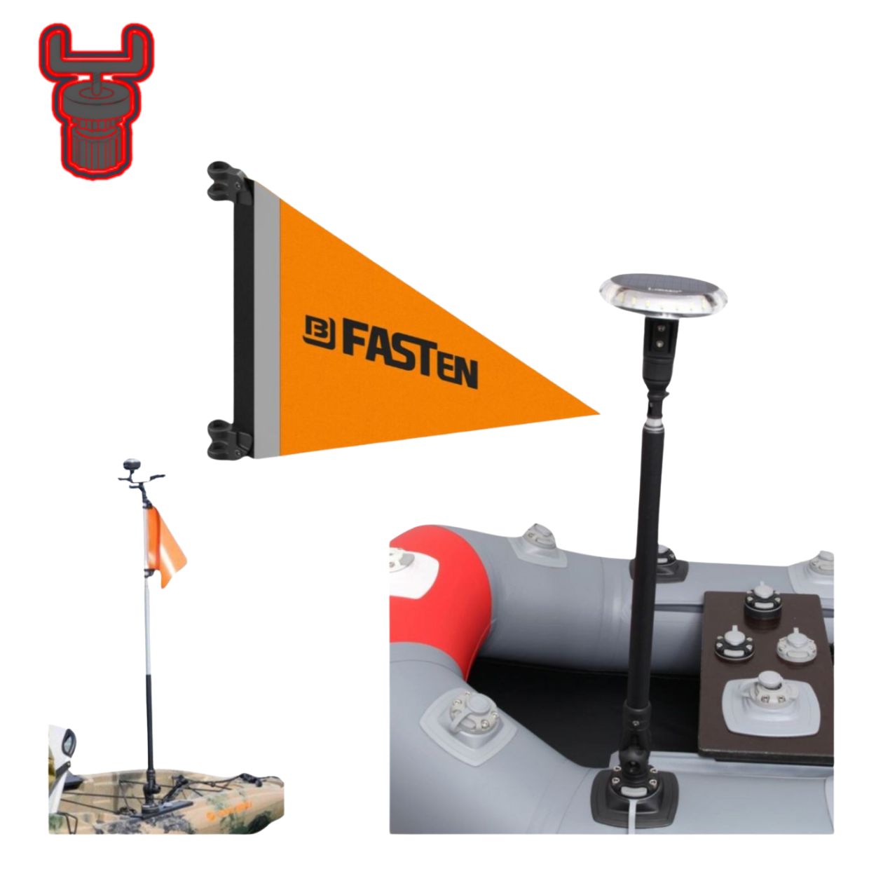 Pack feux de navigation pour bateau avec perche + Fanion de navigation orange Fasten Borika avec adaptateur de fixation Scotty