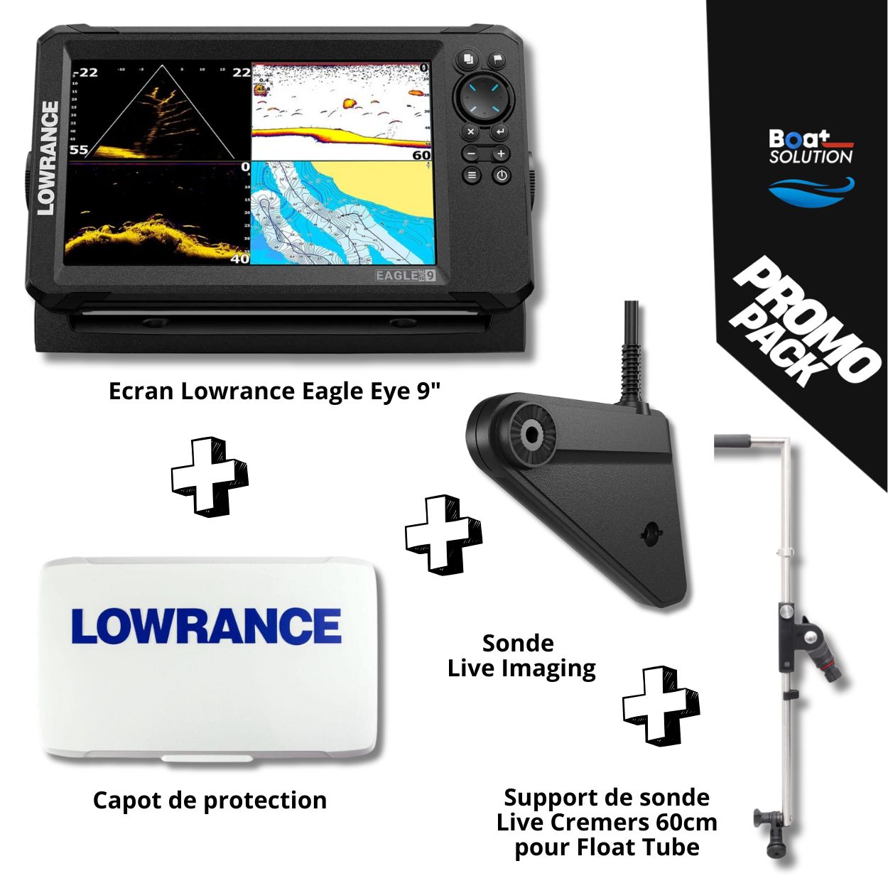 Pack échosondeur Lowrance Eagle Eye 9&quot; + capot de protection + support de sonde Live Cremers 60 cm pour Float Tube et Kayak