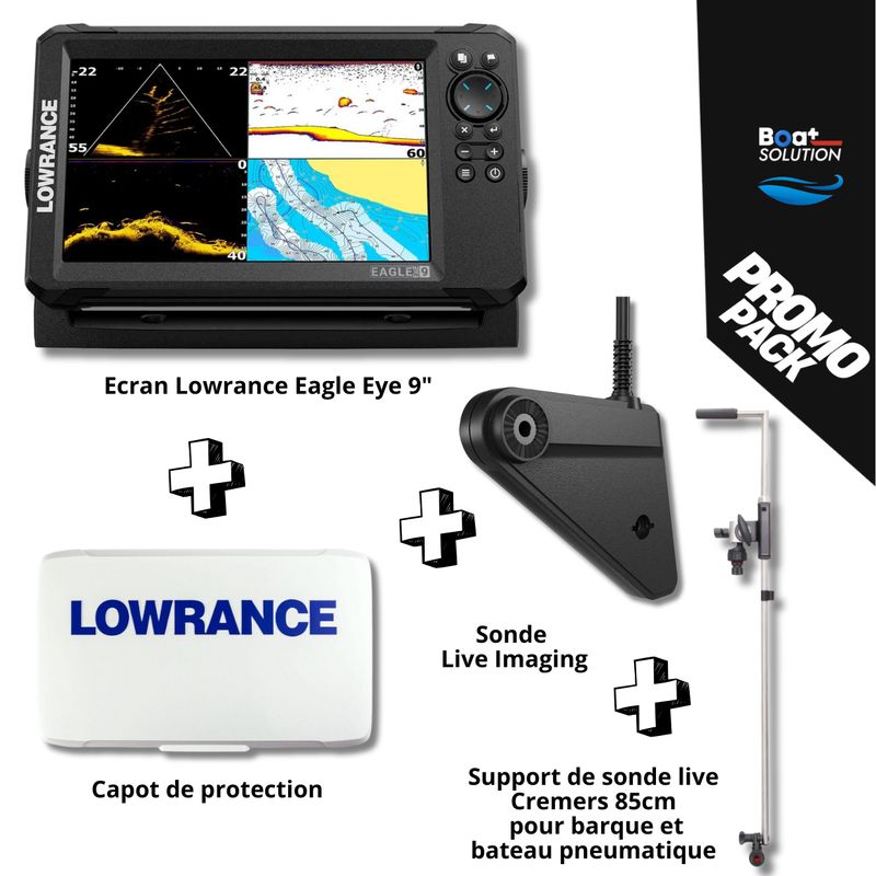 Pack échosondeur Lowrance Eagle Eye 9&quot; + capot de protection + support de sonde Live Cremers 85 cm pour barque ou bateau pneumatique