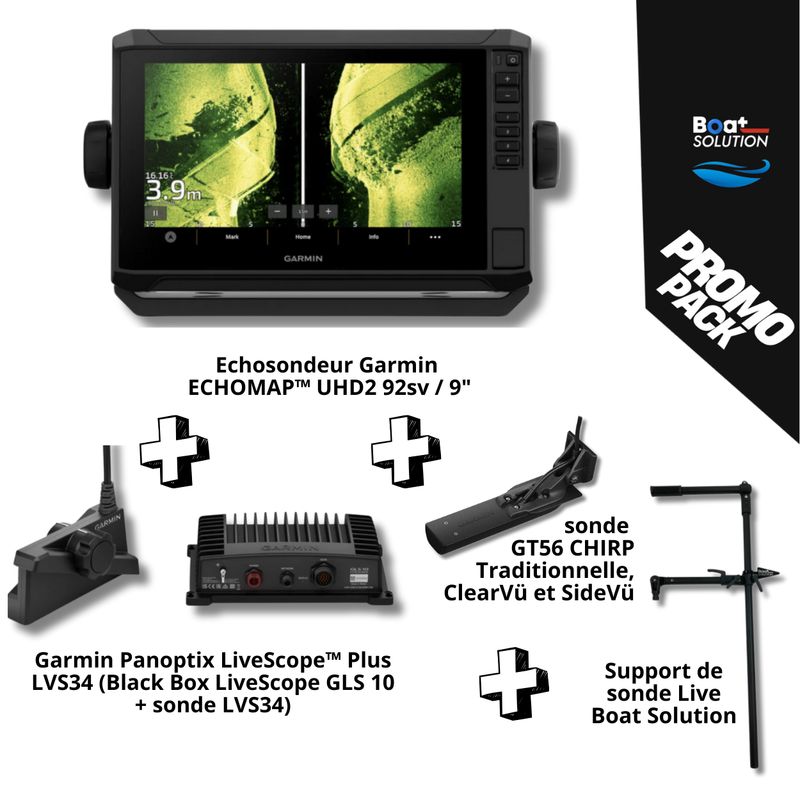 Pack Echosondeur Garmin ECHOMAP™ UHD2 92sv / 9&quot; + Sonde GT56 +  Panoptix LiveScope™ Plus LVS34 (Black Box LiveScope GLS 10 + sonde LVS34) + Support de sonde Live universel Boat Solution France