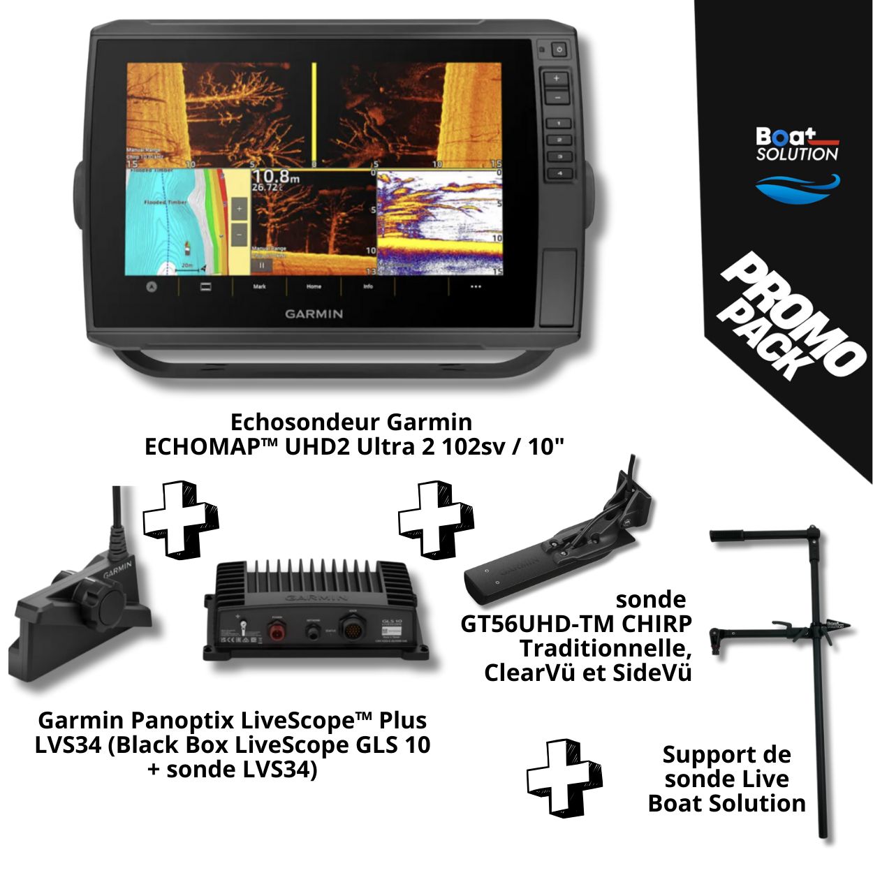 Echosondeur Garmin ECHOMAP™ Ultra 2 102sv / 10&quot; + Sonde GT56UHD-TM +  Panoptix LiveScope™ Plus LVS34 (Black Box LiveScope GLS 10 + sonde LVS34) + Support de sonde Live universel Boat Solution France