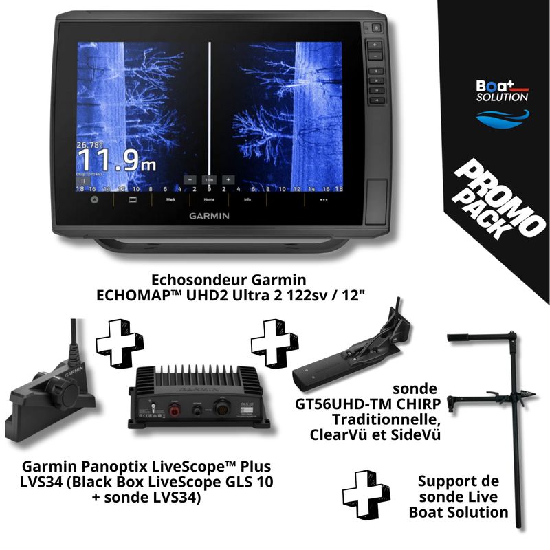 Echosondeur Garmin ECHOMAP™ Ultra 2 122sv / 12&quot;+ Sonde GT56UHD-TM + Panoptix LiveScope™ Plus LVS34 (Black Box LiveScope GLS 10 + sonde LVS34) + Support de sonde Live universel Boat Solution France