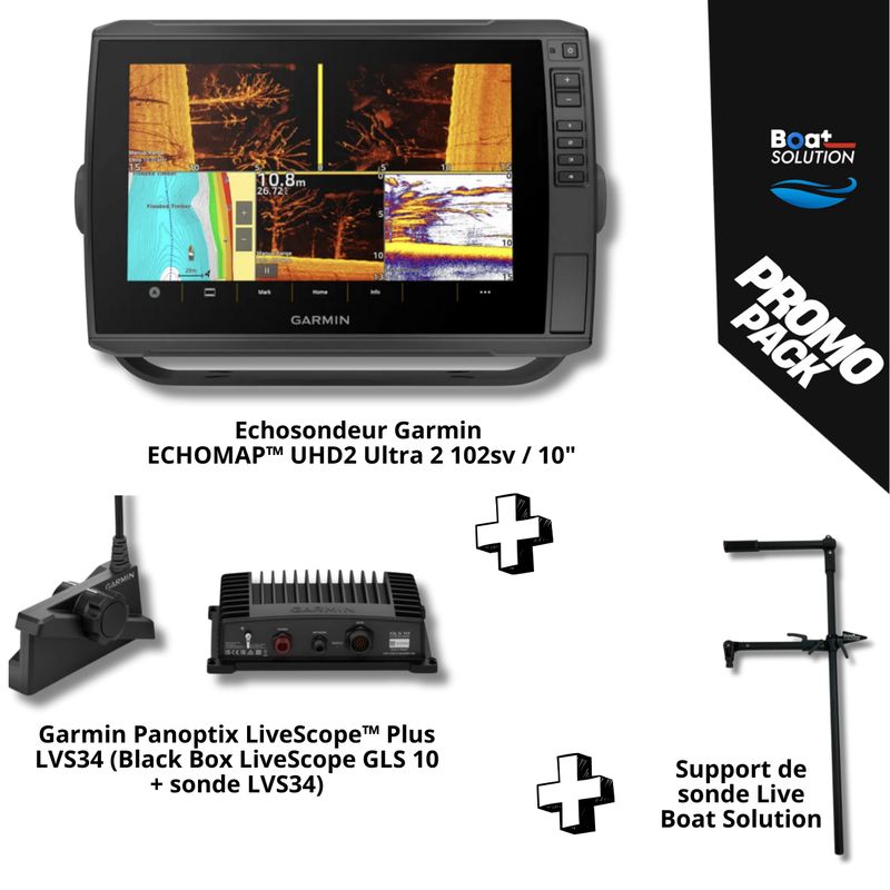 Echosondeur Garmin ECHOMAP™ Ultra 2 102sv / 10" +  Panoptix LiveScope™ Plus LVS34 (Black Box LiveScope GLS 10 + sonde LVS34) + Support de sonde Live universel Boat Solution France