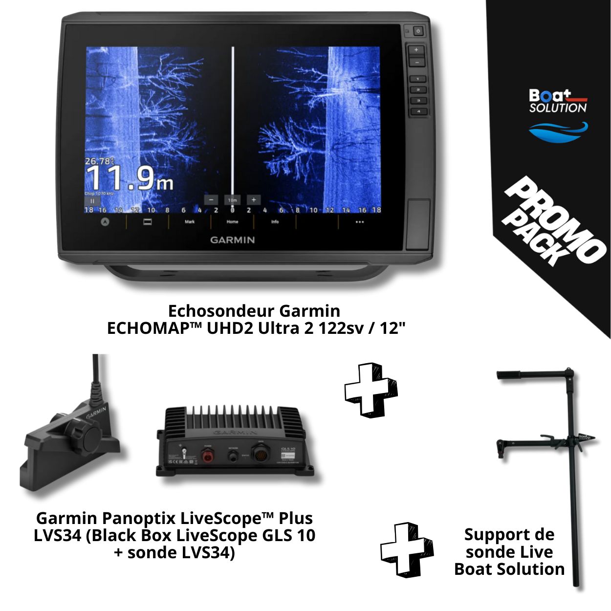 Echosondeur Garmin ECHOMAP™ Ultra 2 122sv / 12"+ Panoptix LiveScope™ Plus LVS34 (Black Box LiveScope GLS 10 + sonde LVS34) + Support de sonde Live universel Boat Solution France