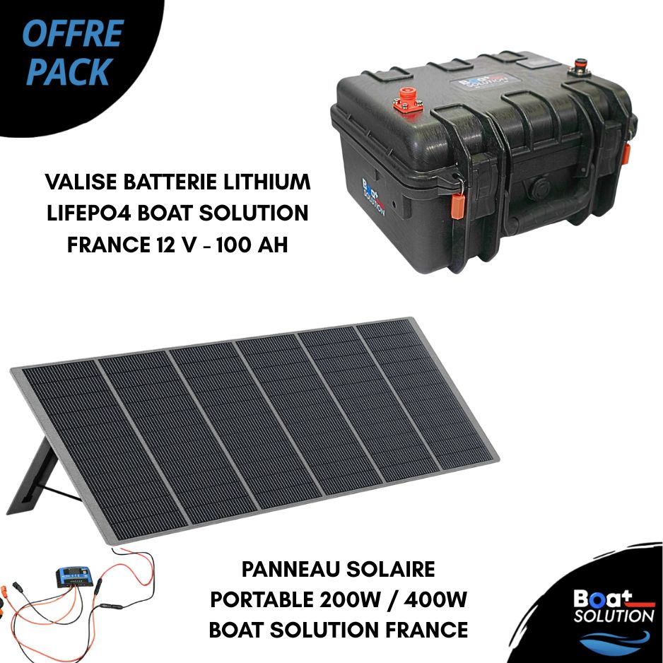 Pack Valise batterie lithium Lifepo4 12 V - 100 Ah + Panneau Solaire Portable 200W ou 400W | Boat Solution France