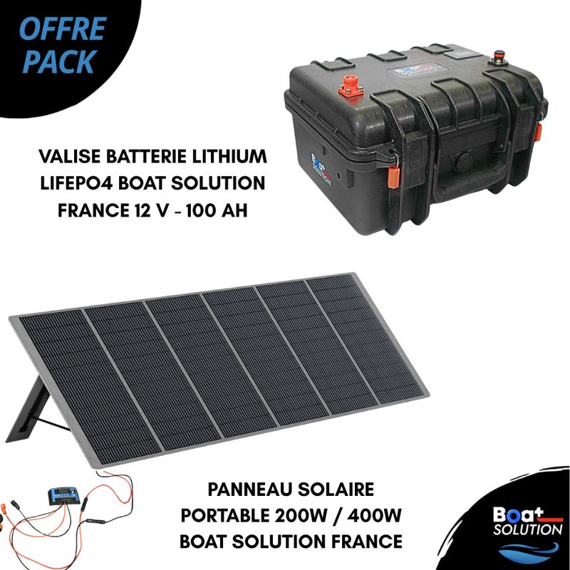 Pack Valise batterie lithium Lifepo4 12 V - 100 Ah + Panneau Solaire Portable 200W ou 400W | Boat Solution France