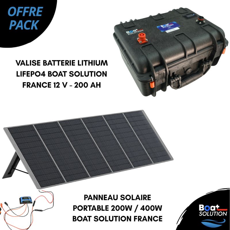 Pack Valise batterie lithium Lifepo4 12 V - 200 Ah + Panneau Solaire Portable 200W ou 400W | Boat Solution France