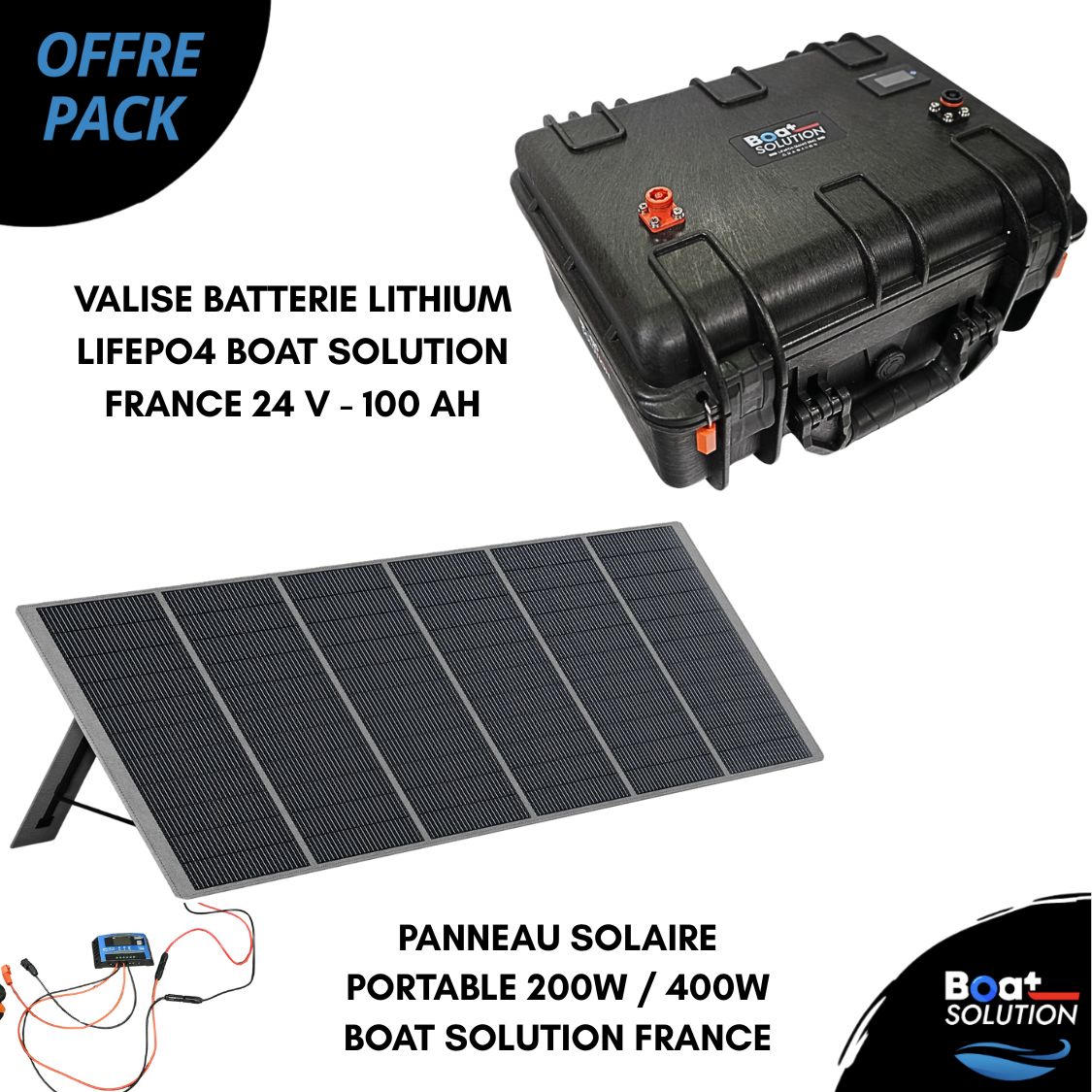 Pack Valise batterie lithium Lifepo4 24 V - 100 Ah + Panneau Solaire Portable 200W ou 400W | Boat Solution France
