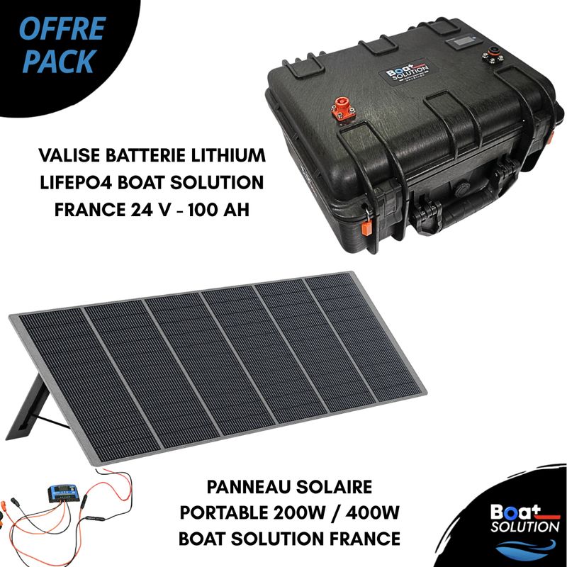 Pack Valise batterie lithium Lifepo4 24 V - 100 Ah + Panneau Solaire Portable 200W ou 400W | Boat Solution France