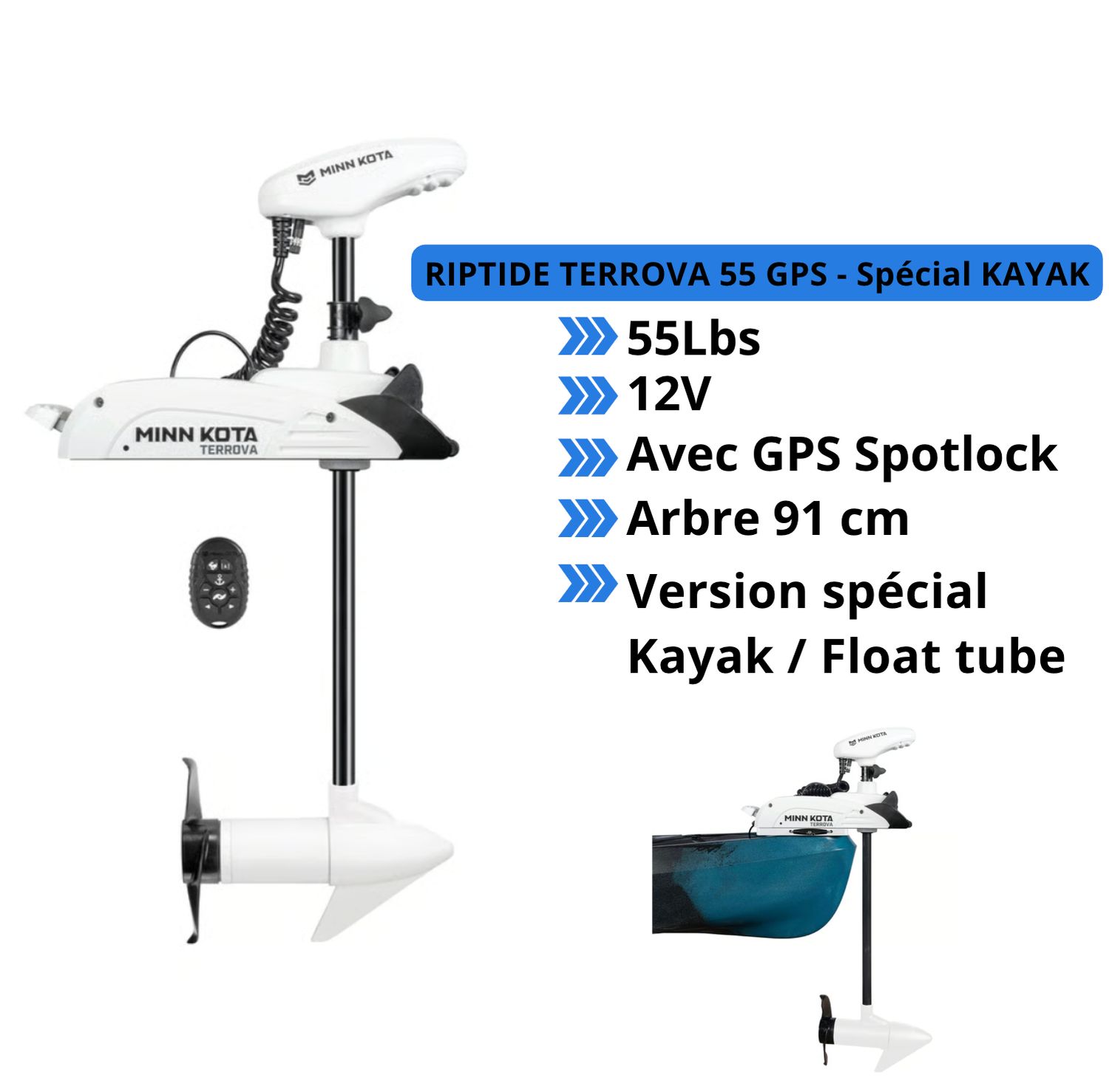 Moteur électrique Minn Kota RIPTIDE TERROVA BT spécial Kayak / float tube - GPS - 55 Lbs - 12 V