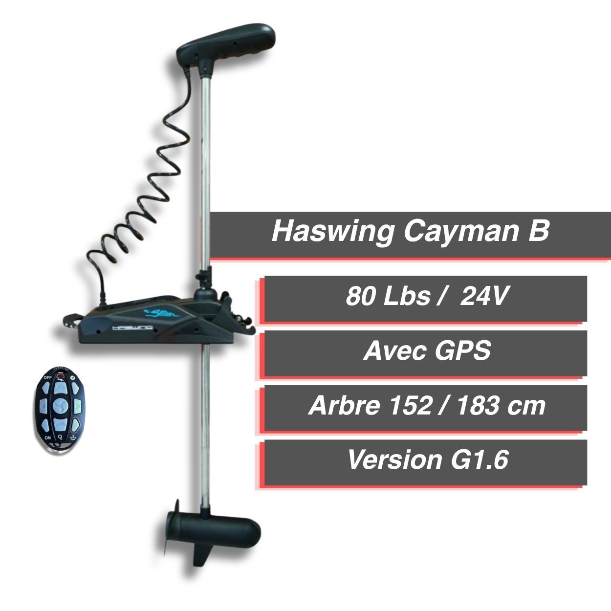 Moteur électrique HASWING Cayman B - 80 Lbs - 24 V - GPS version G1.6 - arbre 152 / 183 cm