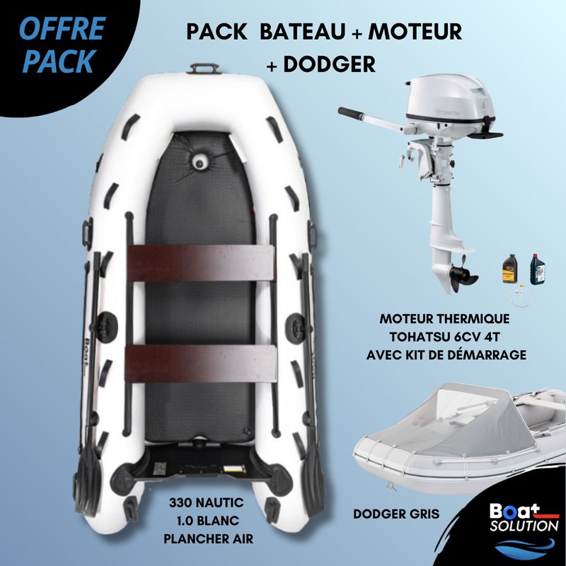 Pack Bateau pneumatique 330 Nautic 1.0 blanc plancher air | Boat Solution France + Moteur thermique 6cv 4T TOHATSU - Blanc arbre court +  Dodger gris