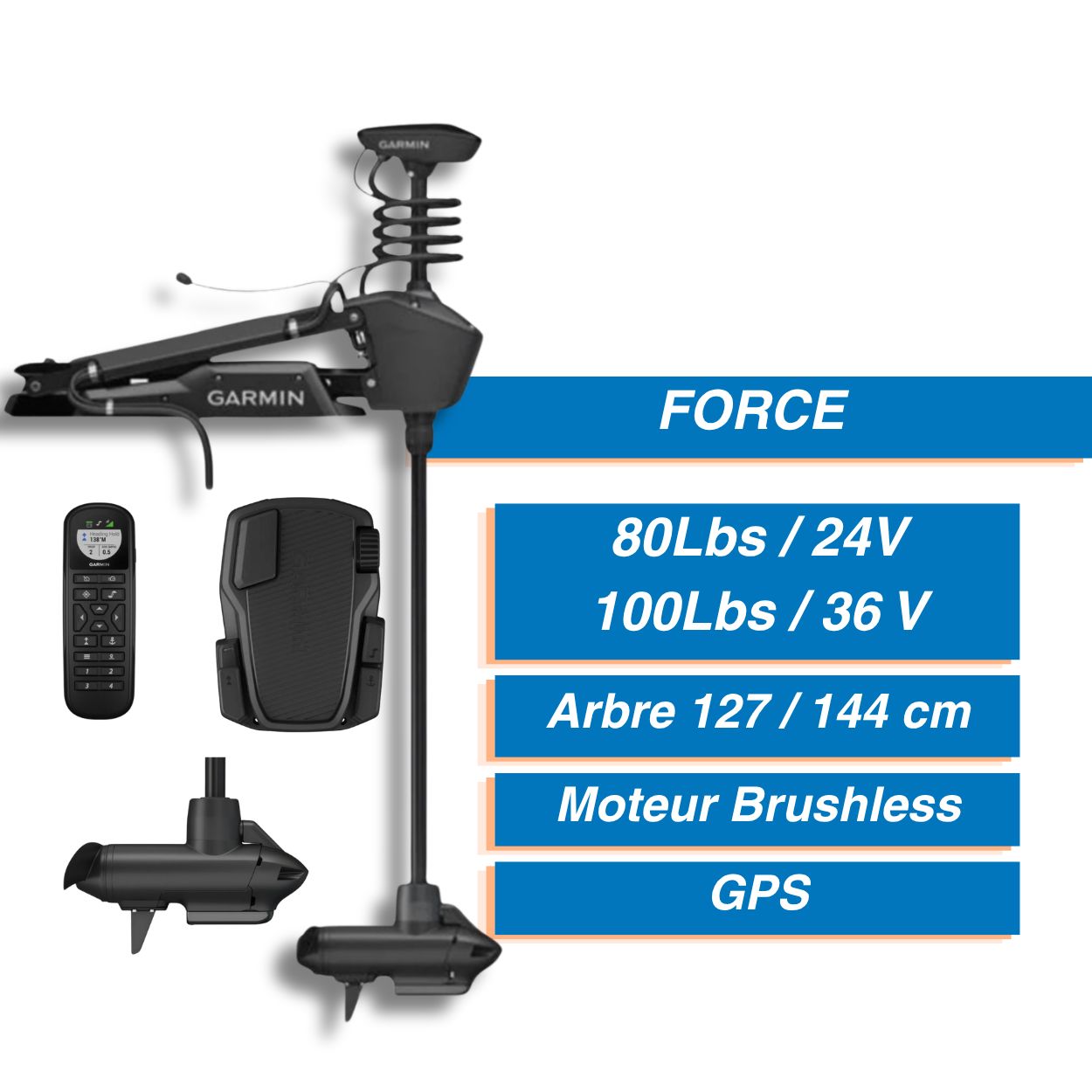 Moteur électrique avant Garmin Force® + Pédale + sonde + télécommande