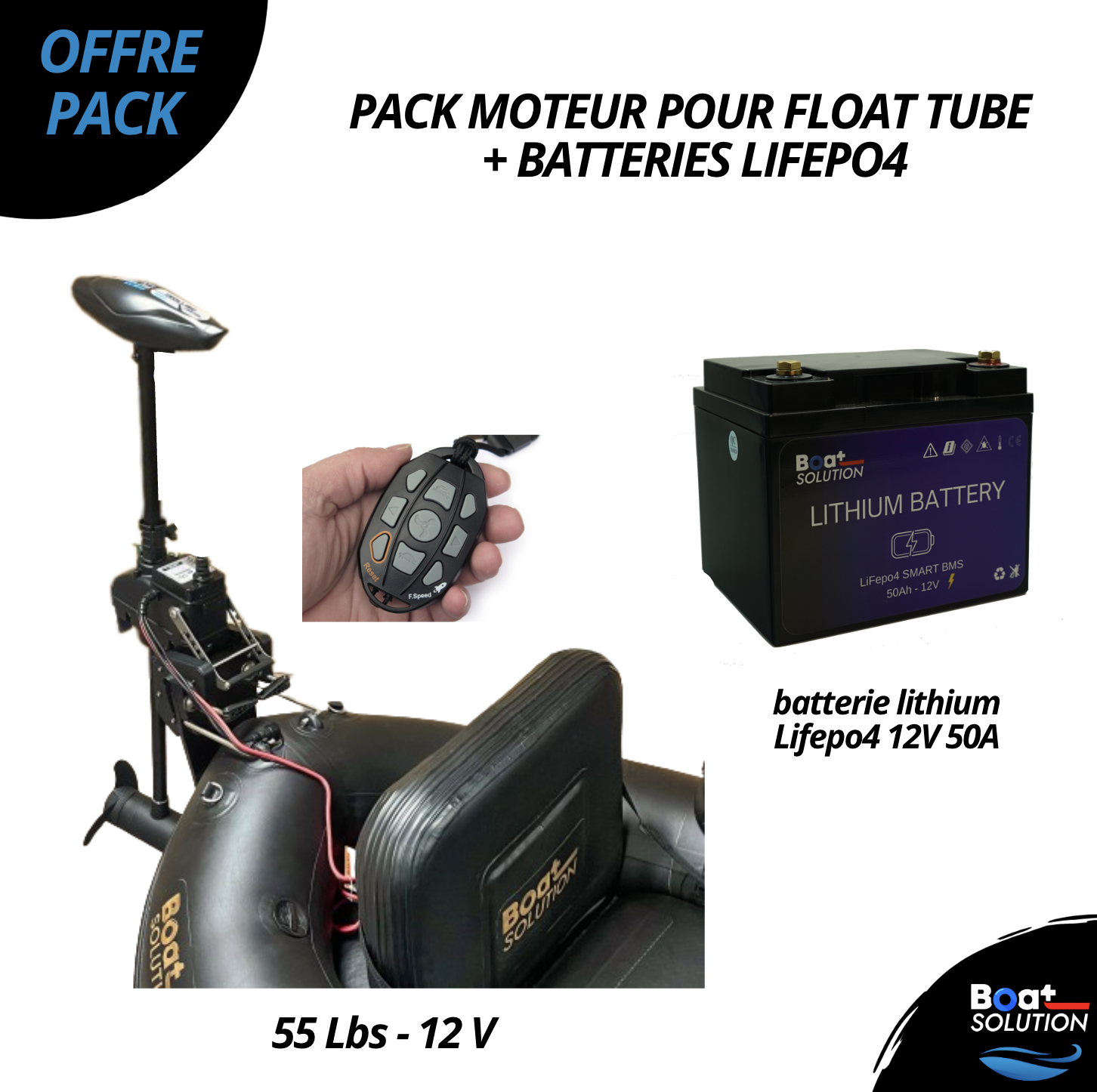 Pack moteur électrique Haswing Cayman T pour float tube avec télécommande - 55 Lbs - 12 V + batterie lithium Lifepo4 12V 50A Boat Solution France