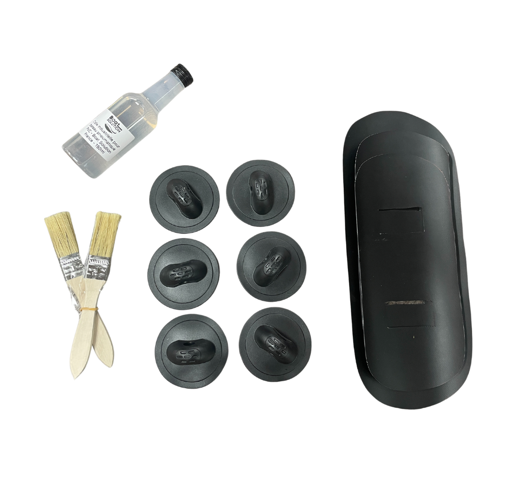 Système de fixation support moteur avant pour bateau pneumatique (patchs support moteur + renfort de toile + colle + pinceau)