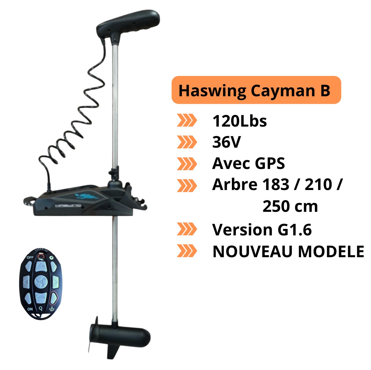 Moteur électrique Haswing Cayman B - 120 Lbs - 36 V - avec GPS version G1.6 - arbre 183 / 210 / 250 cm / Noir