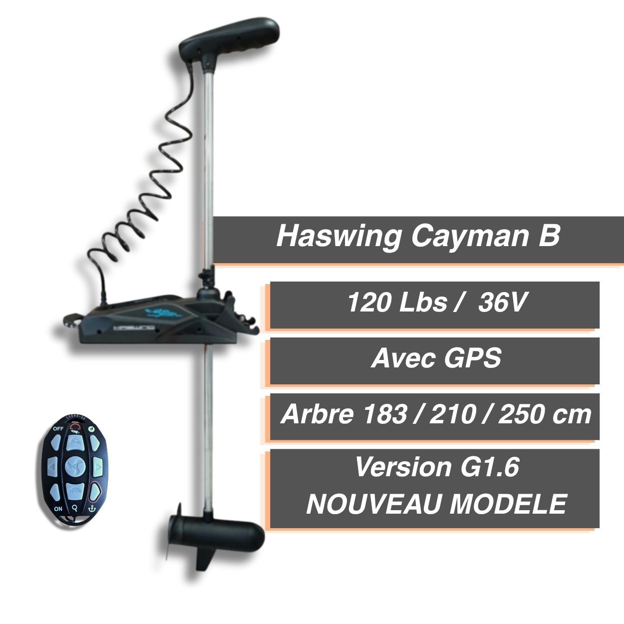 Moteur électrique Haswing Cayman B - 120 Lbs - 36 V - avec GPS version G1.6 - arbre 183 / 210 / 250 cm / Noir