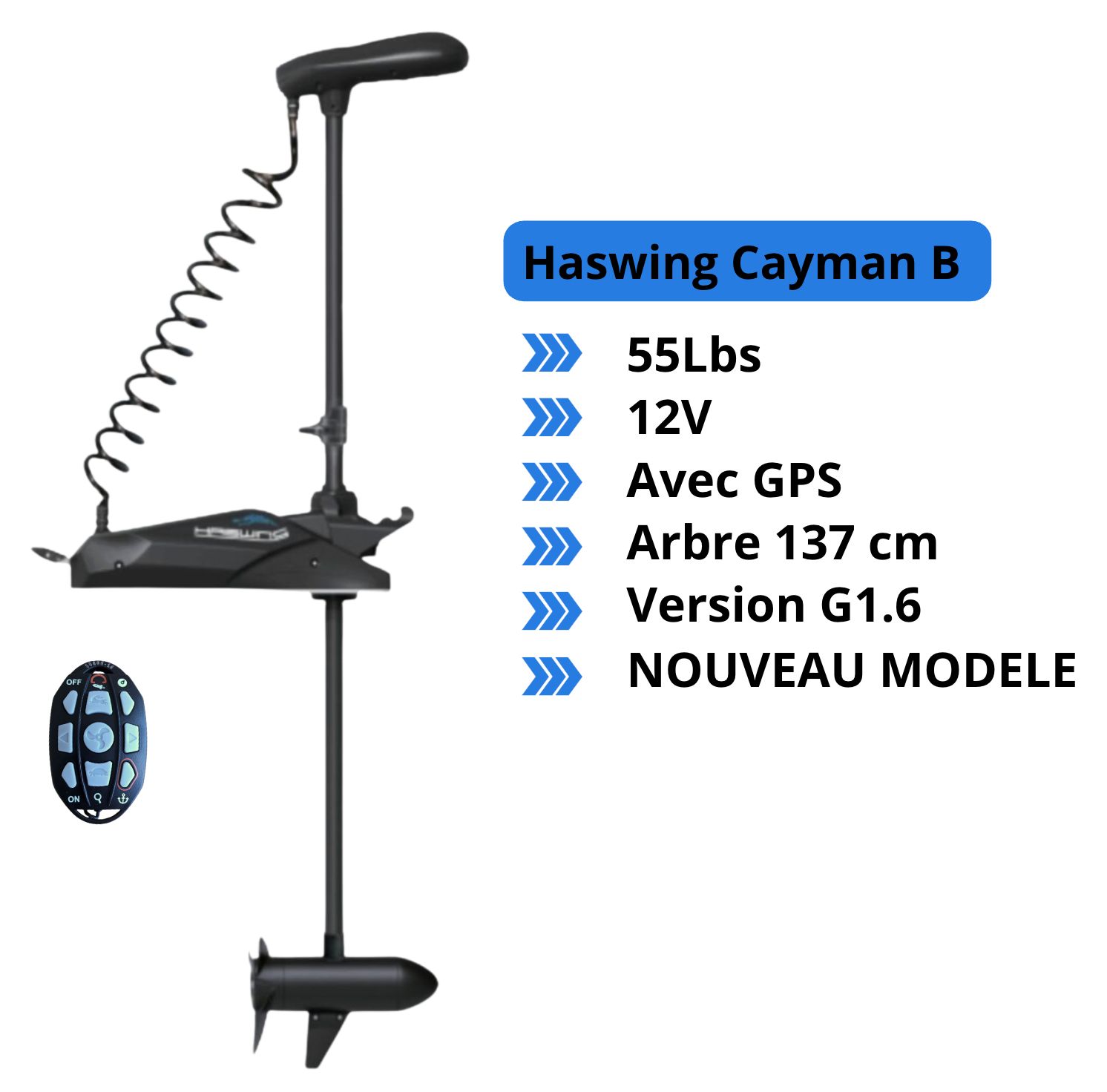 Moteur électrique HASWING Cayman-B 55 LBS - GPS -Version 1.6 137 cm - Noir