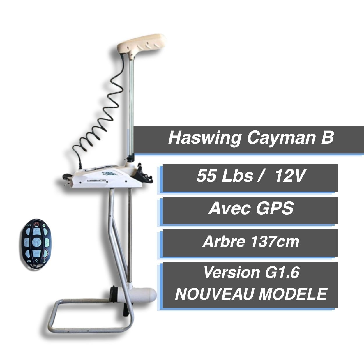 Moteur électrique HASWING Cayman-B 55 LBS - GPS -Version 1.6 137 cm - Blanc