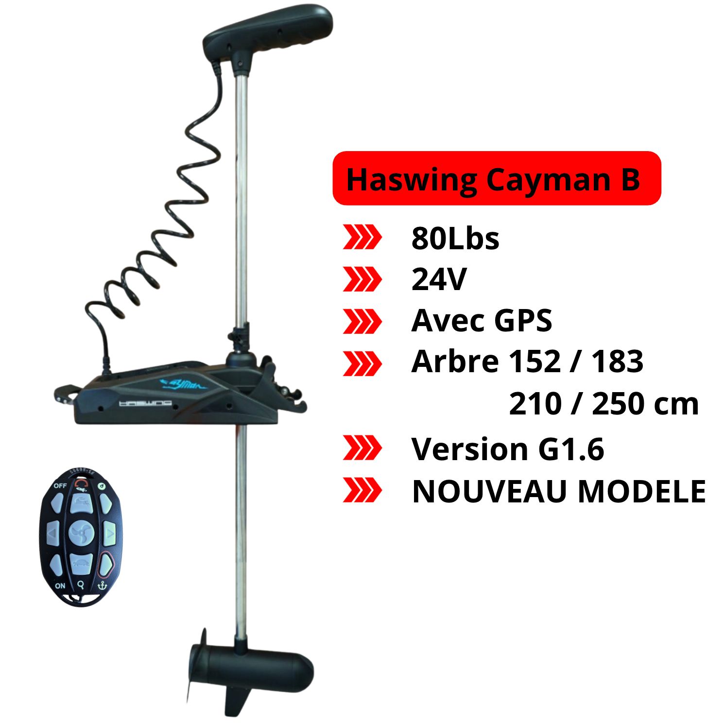 Moteur électrique HASWING CAYMAN-B 80 GPS – 24V – 80 Lbs – Version 1.6 – 152 / 183 / 210 / 250 cm / Noir