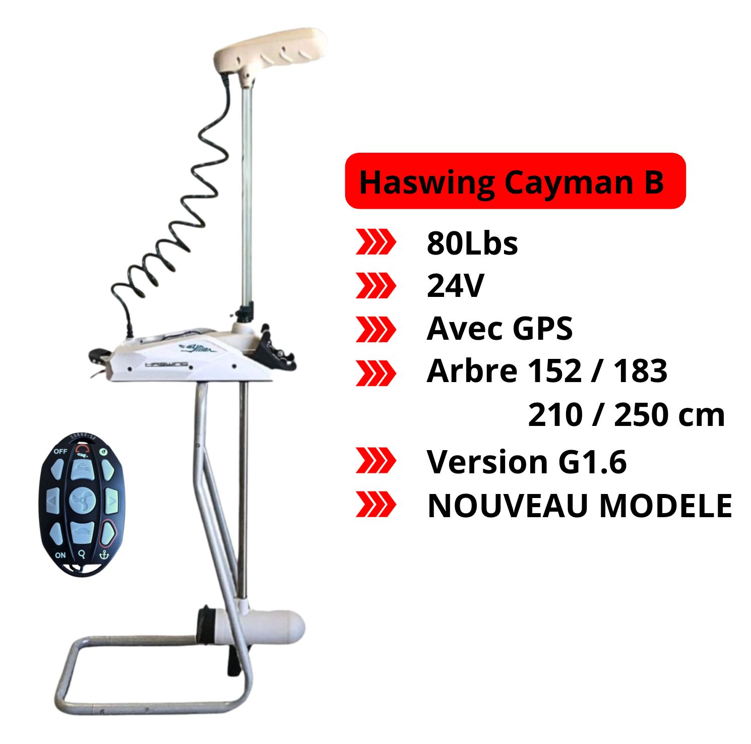Moteur électrique HASWING CAYMAN-B 80 GPS – 24V – 80 Lbs – Version 1.6 – 152 / 183 / 210 / 250 cm / Blanc