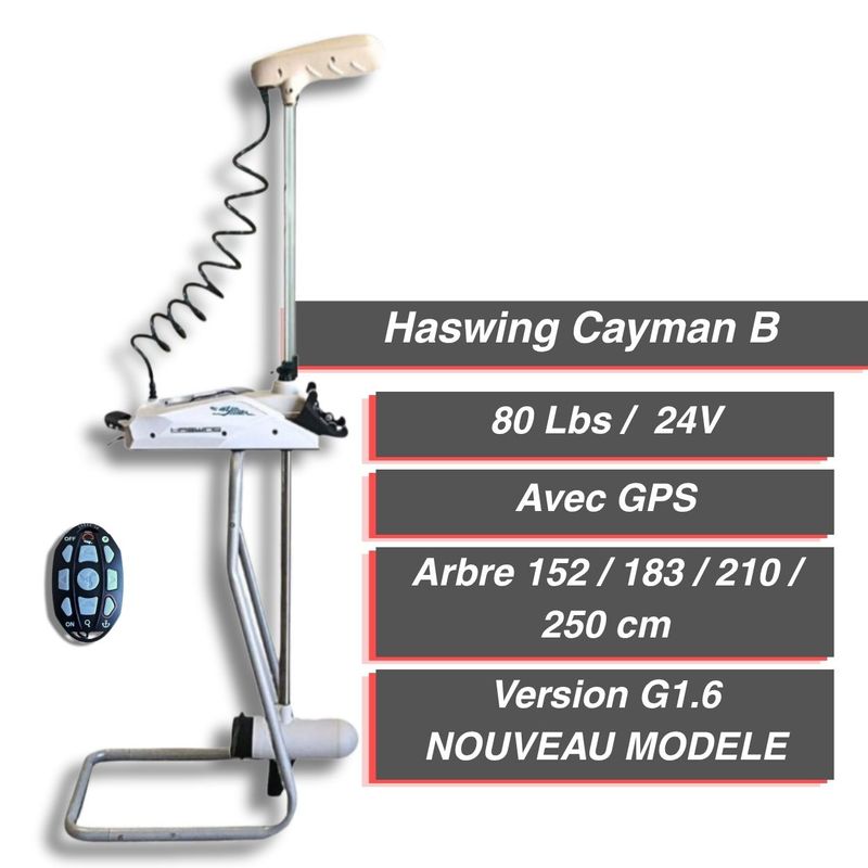 Moteur électrique HASWING CAYMAN-B 80 GPS – 24V – 80 Lbs – Version 1.6 – 152 / 183 / 210 / 250 cm / Blanc