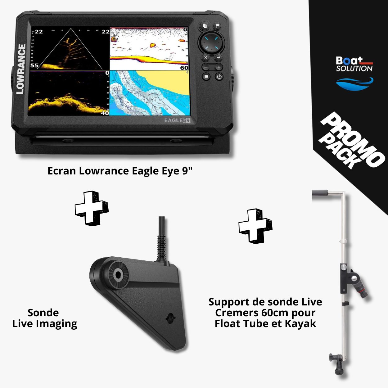 Pack échosondeur Lowrance Eagle Eye 9" + support de sonde Live Cremers 60 cm pour Float Tube et Kayak