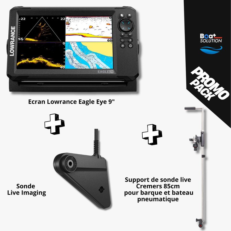 Pack échosondeur Lowrance Eagle Eye 9" + support de sonde Live Cremers 85 cm pour barque ou bateau pneumatique
