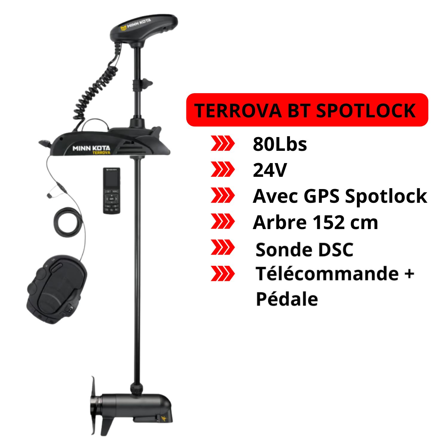 Moteur électrique Minn Kota TERROVA BT - GPS - 80 Lbs - 24 V - Sonde DSC - avec Pédale