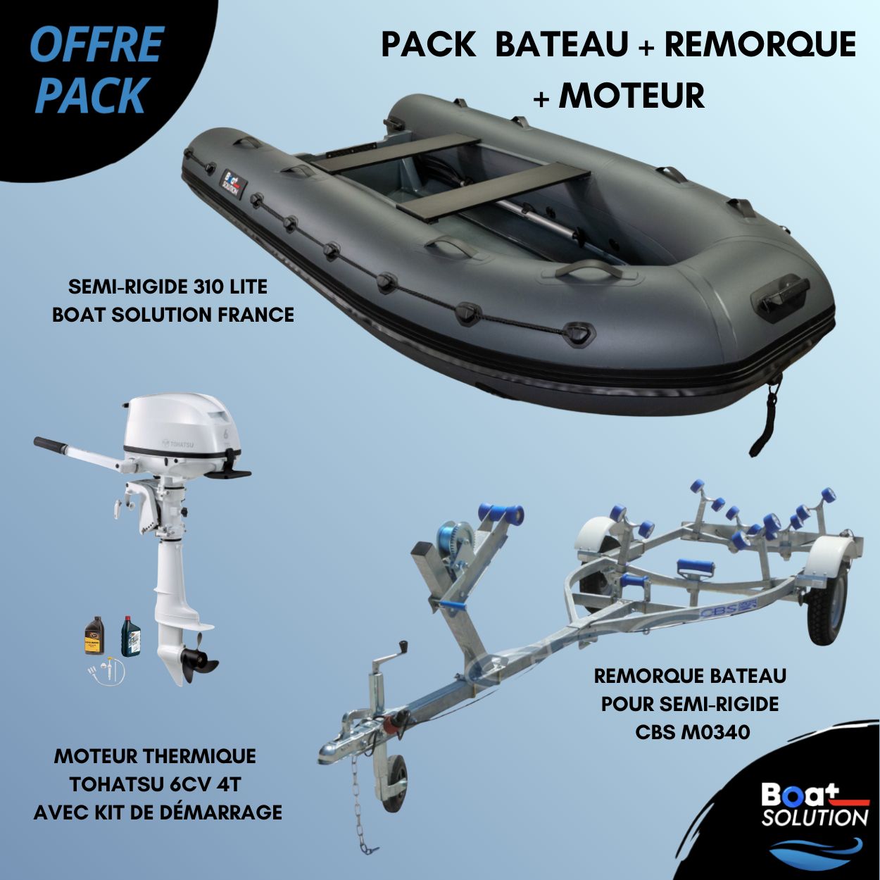 Pack Bateau Semi-rigide 310 Lite | Boat Solution France + Remorque bateau pour semi-rigide CBS M0340 + Moteur thermique 6cv 4T TOHATSU - Blanc arbre court